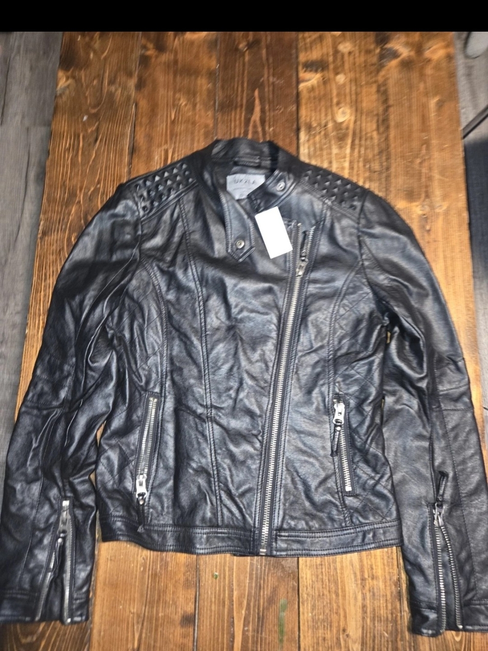 Faux Leather Black Moto Jacket with Studded Shoulders